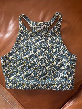 Outdoor Voices Blue Floral High-Neck Racerback Sports Bra